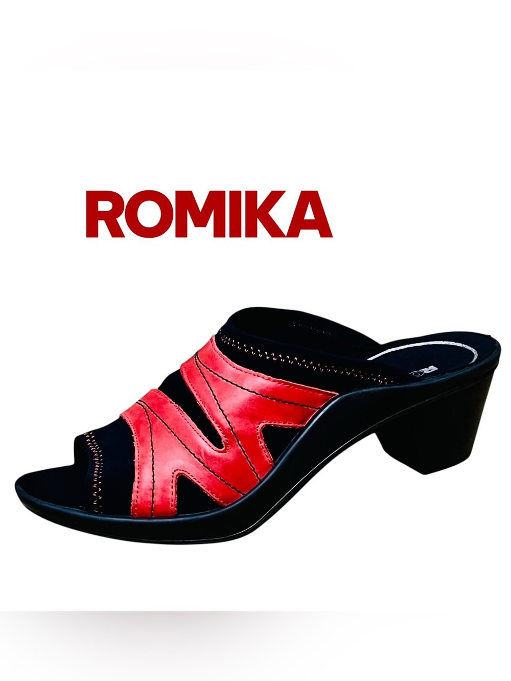 Romika Leather Sandals Red Black Decorative/Stitch Low/Block/Heel Sz 40 US 9 9.5